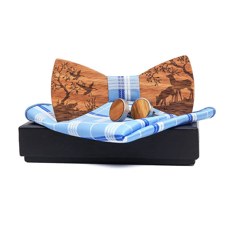 3Pcs Men's Fancy Christmas Elk Wooden Bow Tie Set - Sky Blue - image 12
