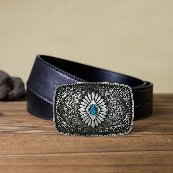 Men's DIY Square Turquoise Western Buckle Leather Belt - Antique Silver - Black PU Belt (40) - image 8