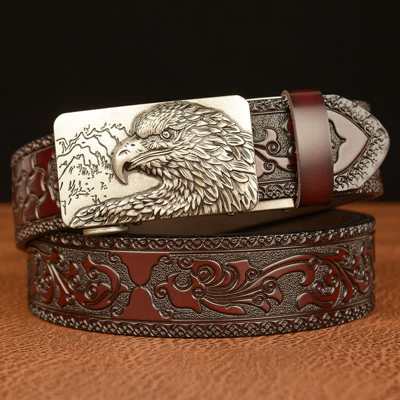 Men's Eagle Head Carved Leather Belt - Silver & Brown - 46 - image 14