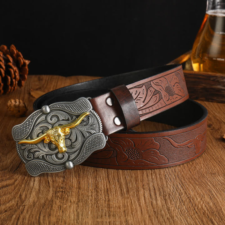 Men's Square Golden Longhorn Bull Leather Belt - Style #1 - 42 - image 0