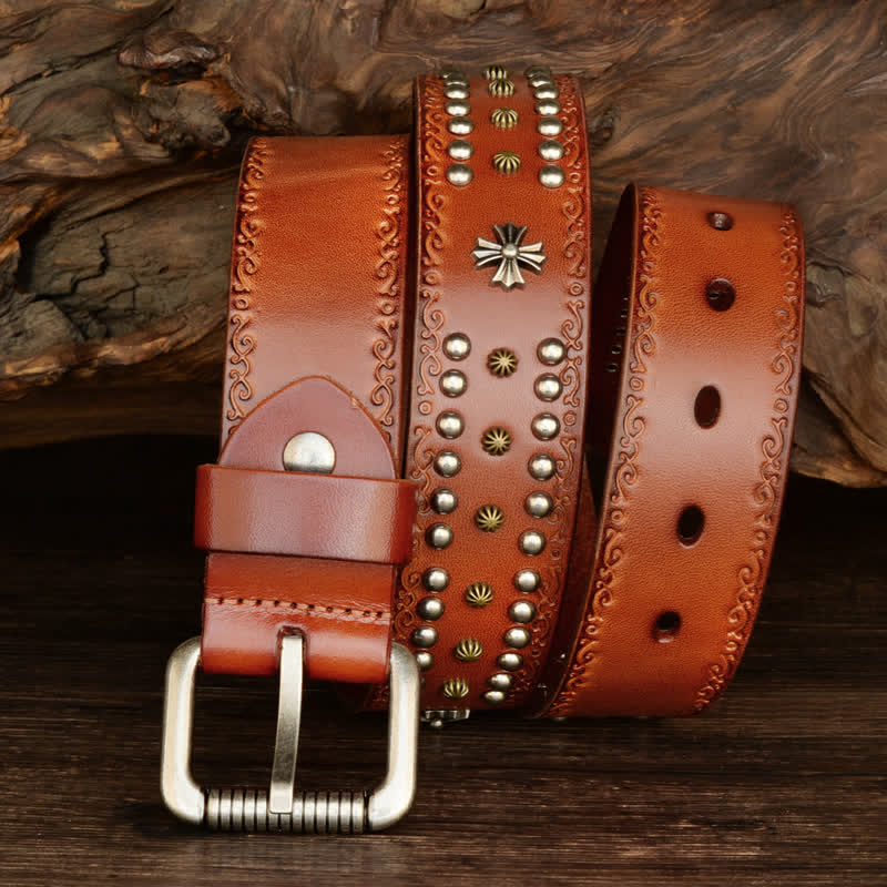 Unisex Rock Style Cross Rivet Studded Decor Belt - Brown - 42 - image 0