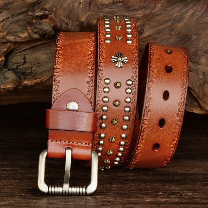 Unisex Rock Style Cross Rivet Studded Decor Belt - Brown - 42 - image 0