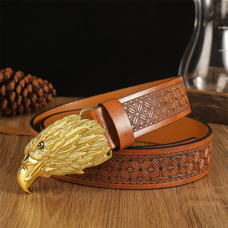 Men's Eagle Head Realistic Vulture Western Leather Belt - Brown #2 / Gold - 42 - image 19
