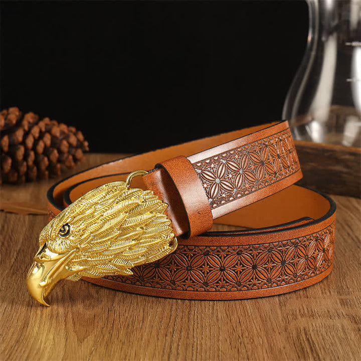 Men's Eagle Head Realistic Vulture Western Leather Belt - Brown #2 / Gold - 42 - image 19