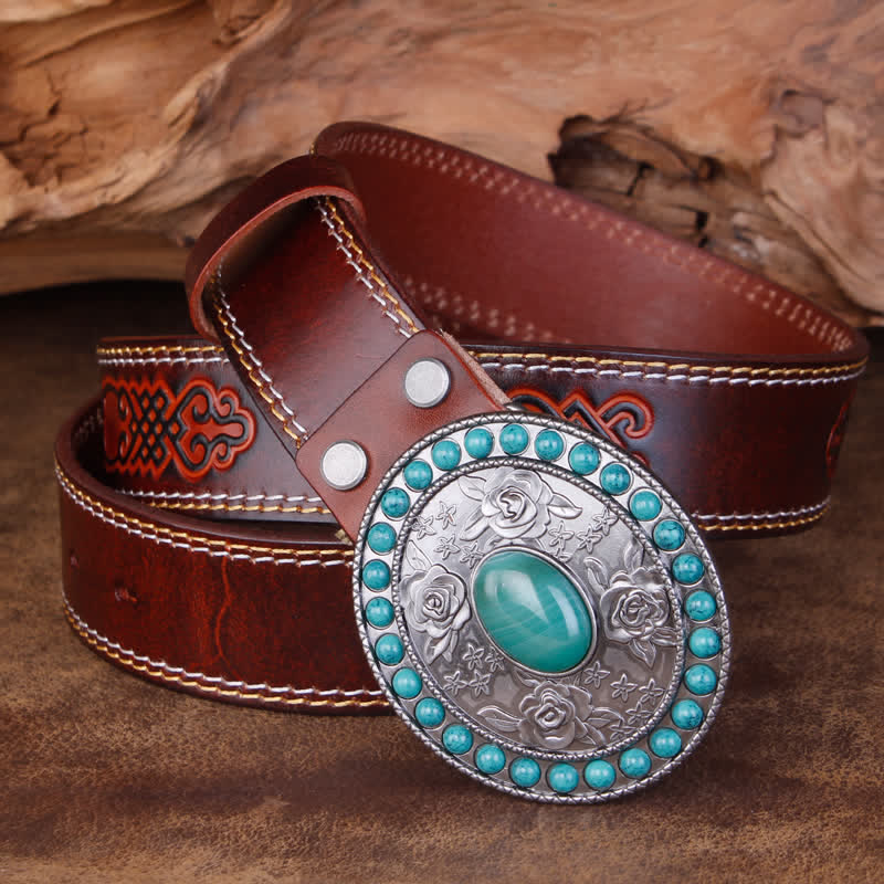 Unisex Carved Rose Turquoise Jade Agate Leather Belt - image 13