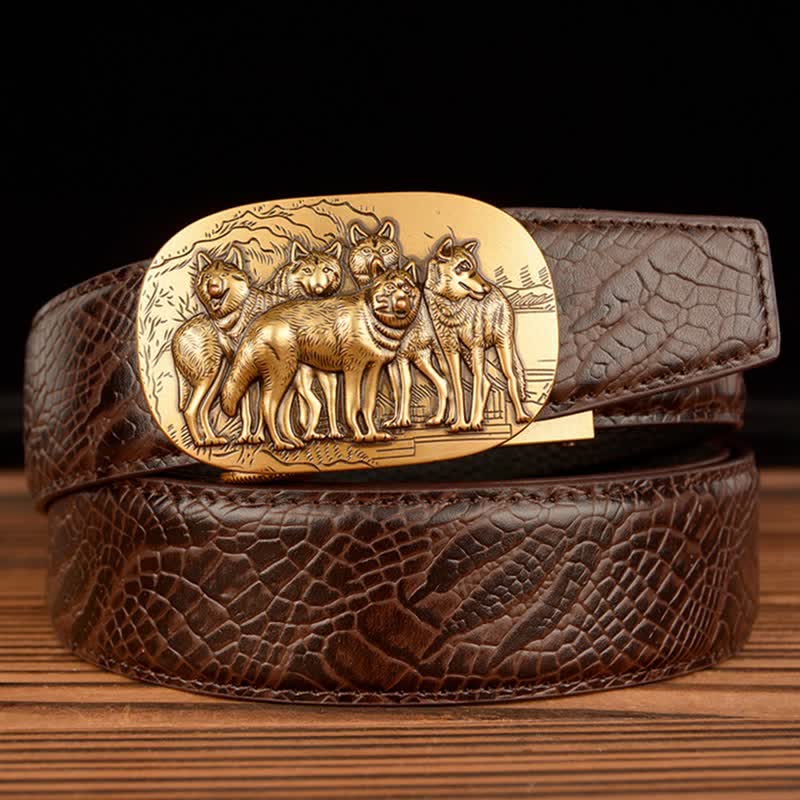 Men's Pack Of Wolves Crocodile Pattern Leather Belt - Coffee / Crocodile Claw - 44 - image 14