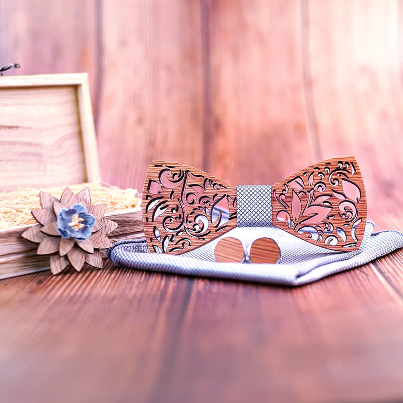 4Pcs Men's Plant Hollow Wooden Bow Tie Set - image 4
