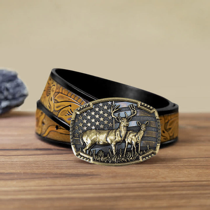 Men's DIY Deer Hunter American Flag Buckle Leather Belt - Gold Deers - SandyBrown Belt (40) - image 35