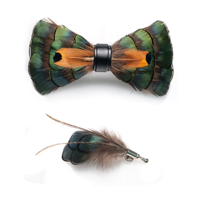 Kid's Emerald Green & Gold Feather Bow Tie with Lapel Pin - image 3