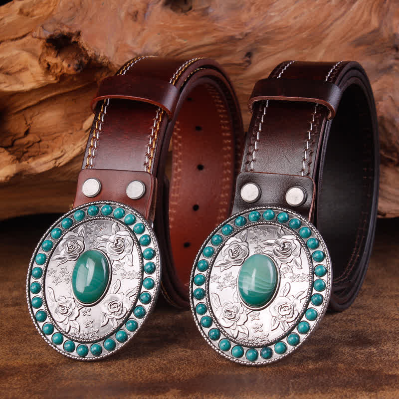 Unisex Carved Rose Turquoise Jade Agate Leather Belt - image 1