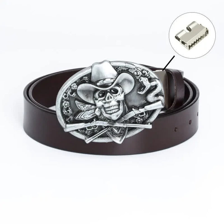 Men's Pirate Skull Cross Guns Leather Belt - Iron Linker - Brown / Silver - 46 - image 20