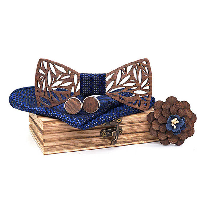4pcs Men's Hollow Leaf Wooden Bow Tie Set - Navy - image 0