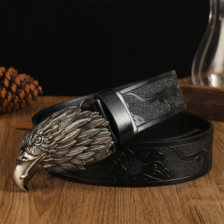 Men's Eagle Head Realistic Vulture Western Leather Belt - Black #1 / Silver - 42 - image 4