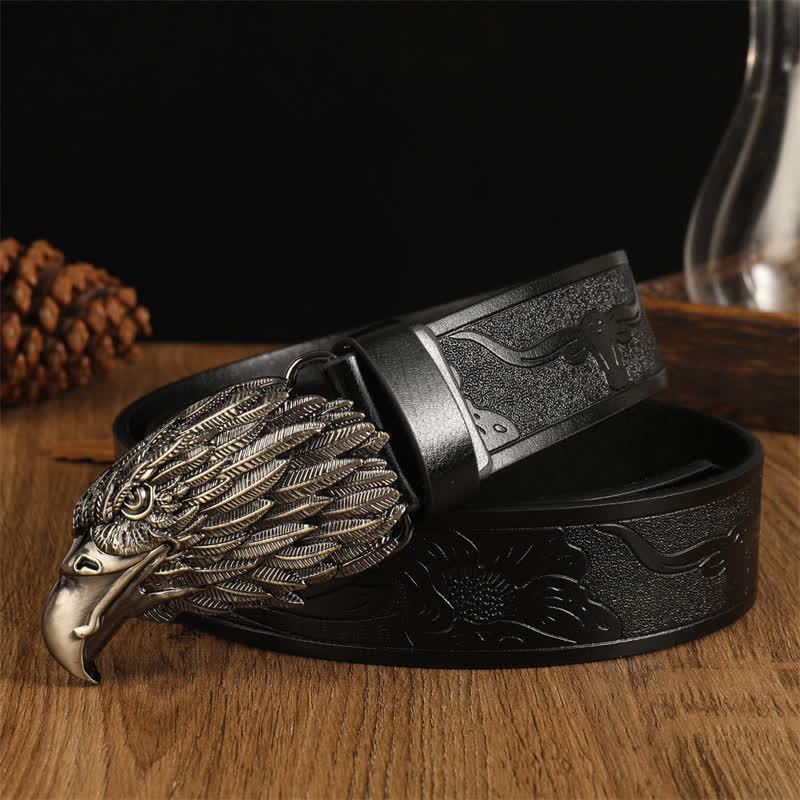 Men's Eagle Head Realistic Vulture Western Leather Belt - Black #1 / Silver - 42 - image 4