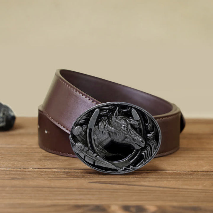 Men's DIY Horseshoe Black Enamel Buckle Leather Belt - Horseshoe - Brown PU Belt (40) - image 7