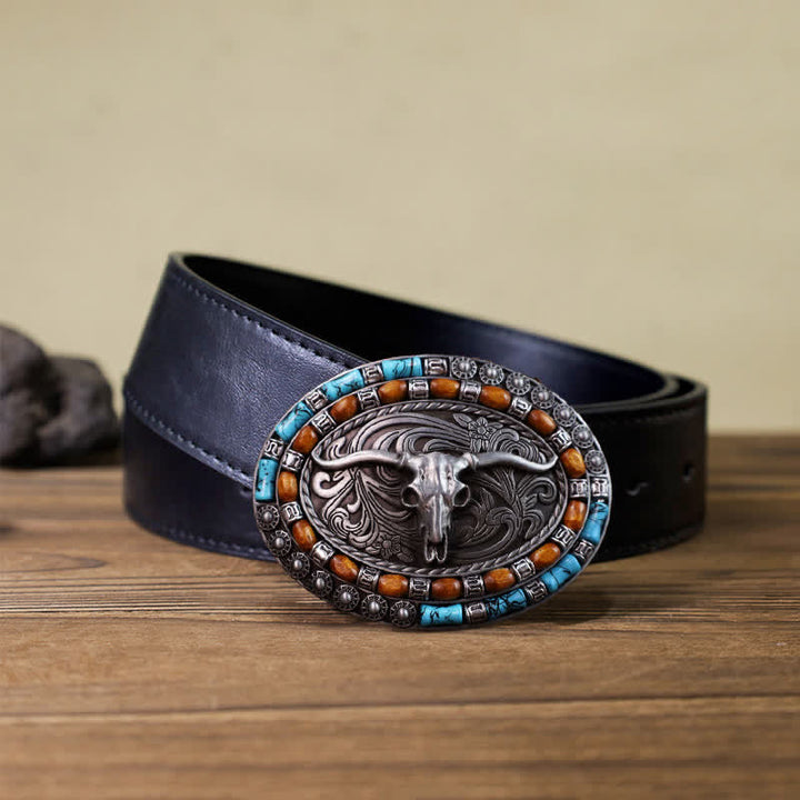 Men's DIY Turquoise Wood Bead Bull Buckle Leather Belt - Silver - Black PU Belt (40) - image 3