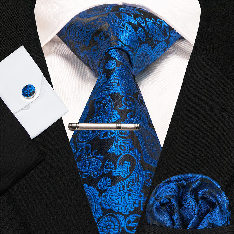 4Pcs Blue & Black Men's Luxurious Paisley Necktie Set - Blue & Black - image 0