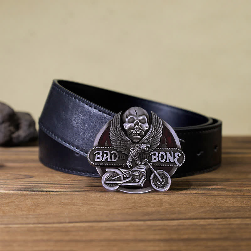 Men's DIY Eagle Skull Biker Bad To The Bone Buckle Leather Belt - Back To The Bone - Black PU Belt (40) - image 3