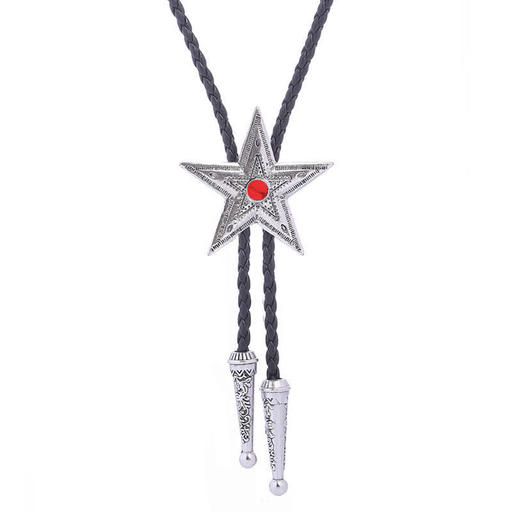 Vintage Natural Stone Star Pendant Necklace Bolo Tie - Red - Antique Silver - image 18
