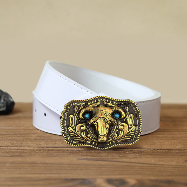 Men's DIY Goat Skull Turquoise Buckle Leather Belt - Gold - White PU Belt (40) - image 7