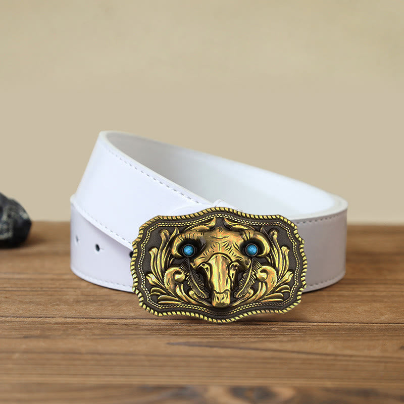 Men's DIY Goat Skull Turquoise Buckle Leather Belt - Gold - White PU Belt (40) - image 7