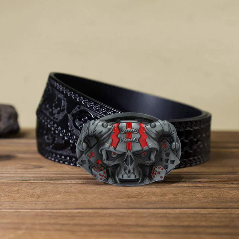 Men's DIY Skull Clown Joker Buckle Leather Belt - Antique Silver - Black Carved Belt (40) - image 18