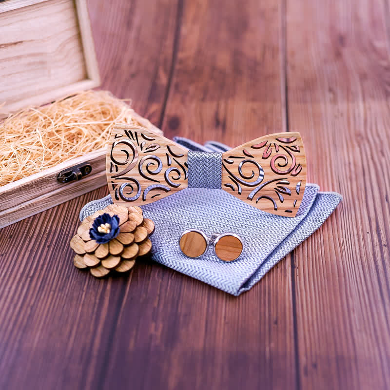 4Pcs Men's Hollow Leaf Design Wooden Bow Tie Set - image 2
