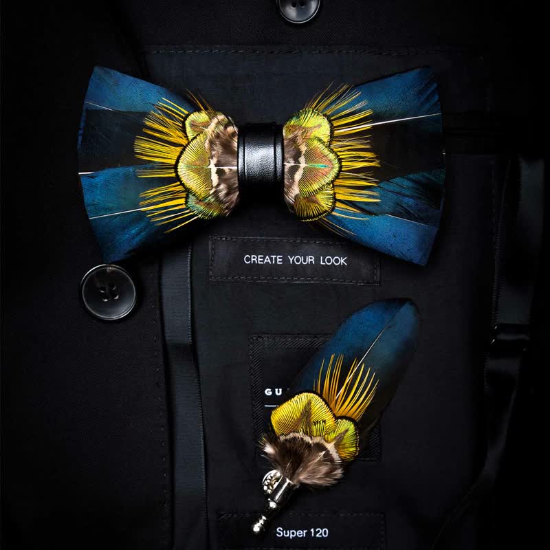 Kid's Blue & Yellow Peacock Feather Bow Tie with Lapel Pin - Adult - image 3