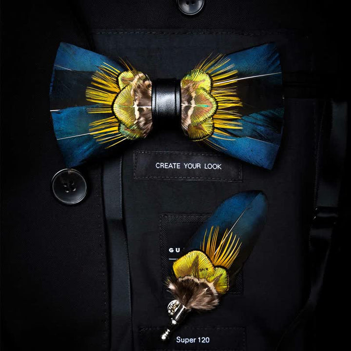 Kid's Blue & Yellow Peacock Feather Bow Tie with Lapel Pin - Adult - image 3