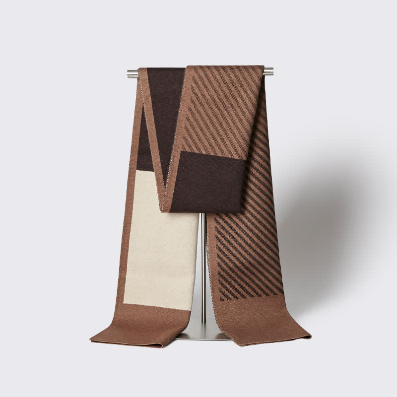 Men's Color Contrast Striped Pure Wool Scarf - Brown - image 1