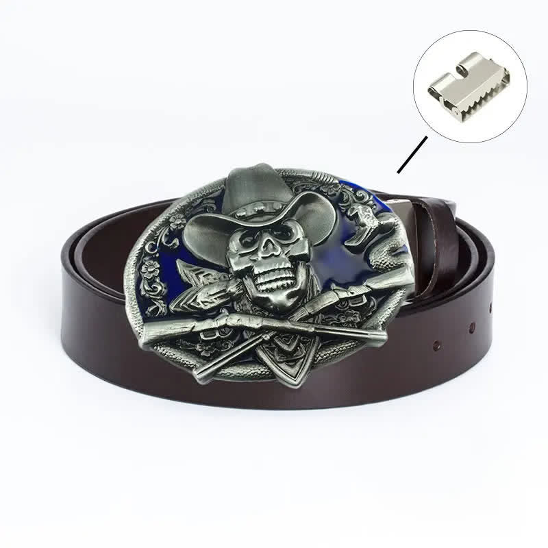 Men's Pirate Skull Cross Guns Leather Belt - Iron Linker - Brown / Blue Glaze - 46 - image 24