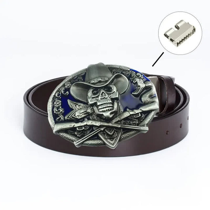 Men's Pirate Skull Cross Guns Leather Belt - Iron Linker - Brown / Blue Glaze - 46 - image 24