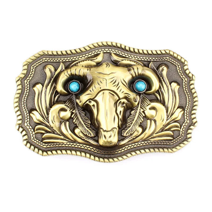 Men's DIY Goat Skull Turquoise Buckle Leather Belt - Gold - Without Belt - image 2