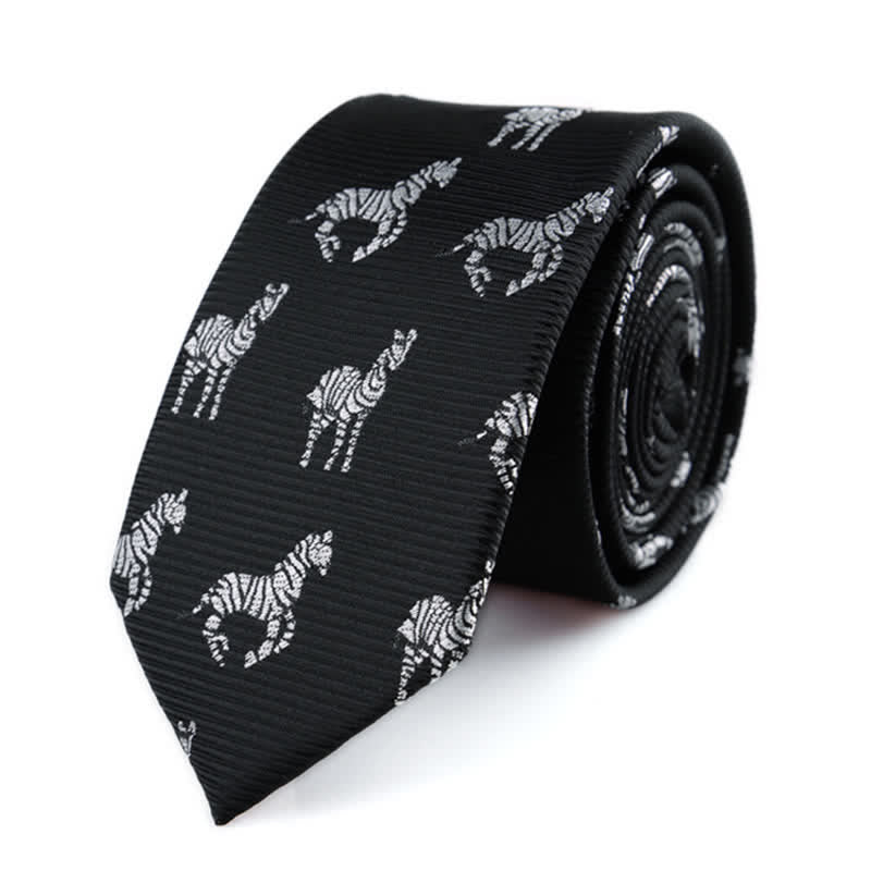 Men's Black Skinny Twill Zebra Motifs Necktie - Black - image 0