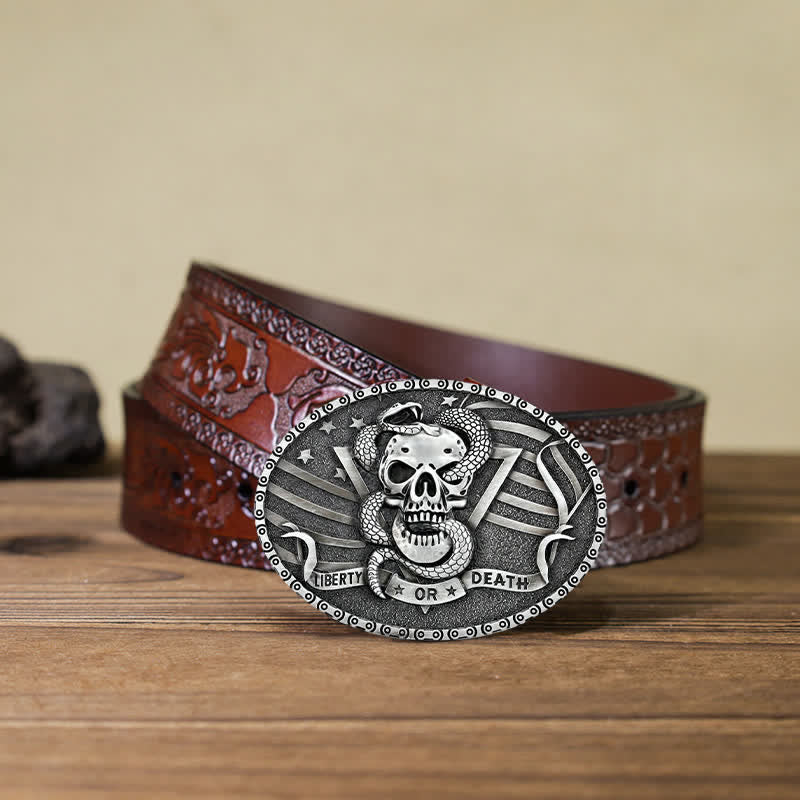 Men's DIY "Liberty or Death" Snake Skull Buckle Leather Belt - Antique Silver - Brown Carved Belt (40) - image 18