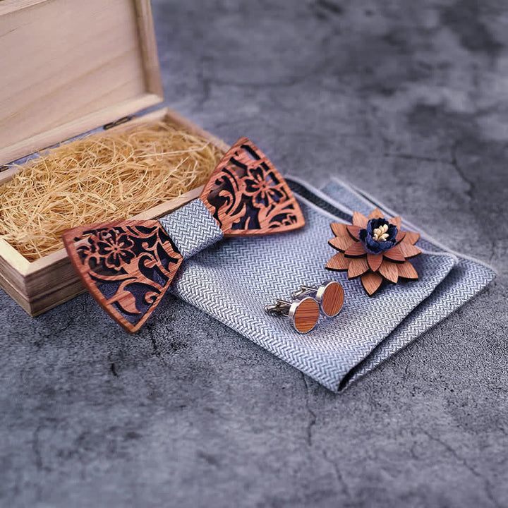 4pcs Men's Hollow Floral Wooden Bow Tie Set - image 6
