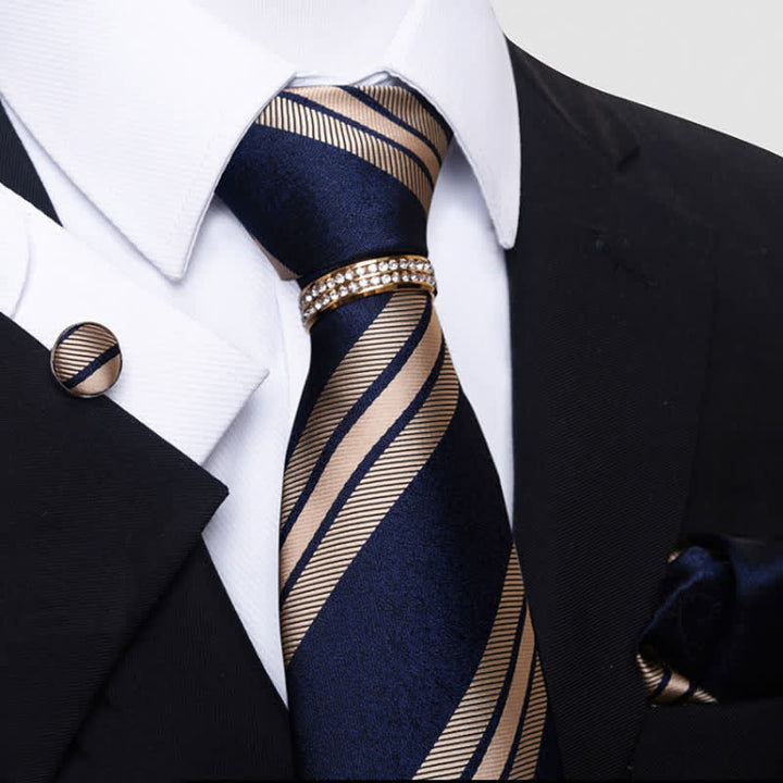 4Pcs Men's Striped Necktie Set With Tie Ring - Midnight Blue - image 2