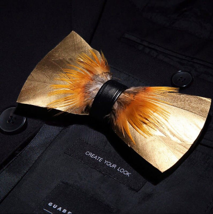 Gold & Tobacco Feather Bow Tie with Lapel Pin - image 1