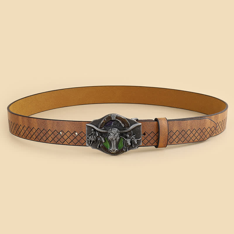 Men's Carved Cattle Longhorn Bull Leather Belt - image 3