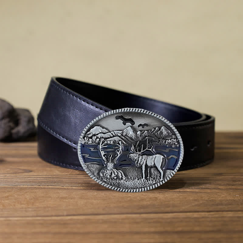 Men's DIY Enamel Wild Life Deer Buckle Leather Belt - Antique Silver - Black PU Belt (40) - image 2