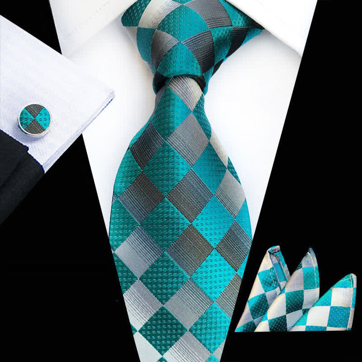 3Pcs Men's Contrast Color Checkerboard Necktie Set - Green - image 2