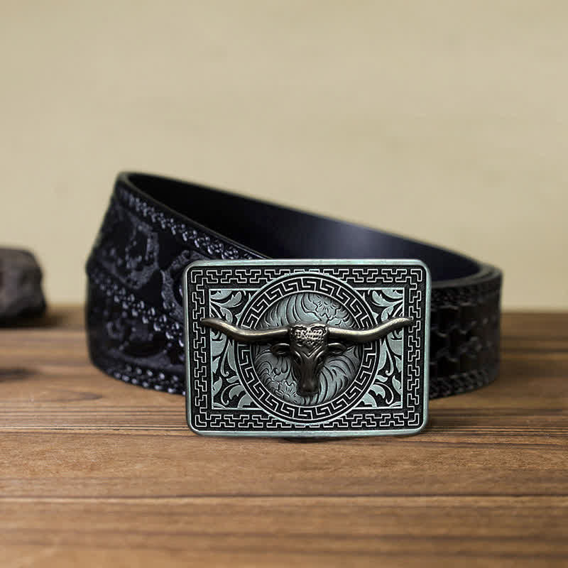 Men's DIY  Weatern Buckle Leather Belt - Silver - Black Carved Belt (40) - image 14