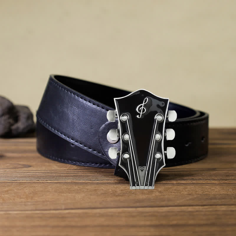 Men's DIY Musical Guitar Headstock Buckle Leather Belt - Black - Black PU Belt (40) - image 9