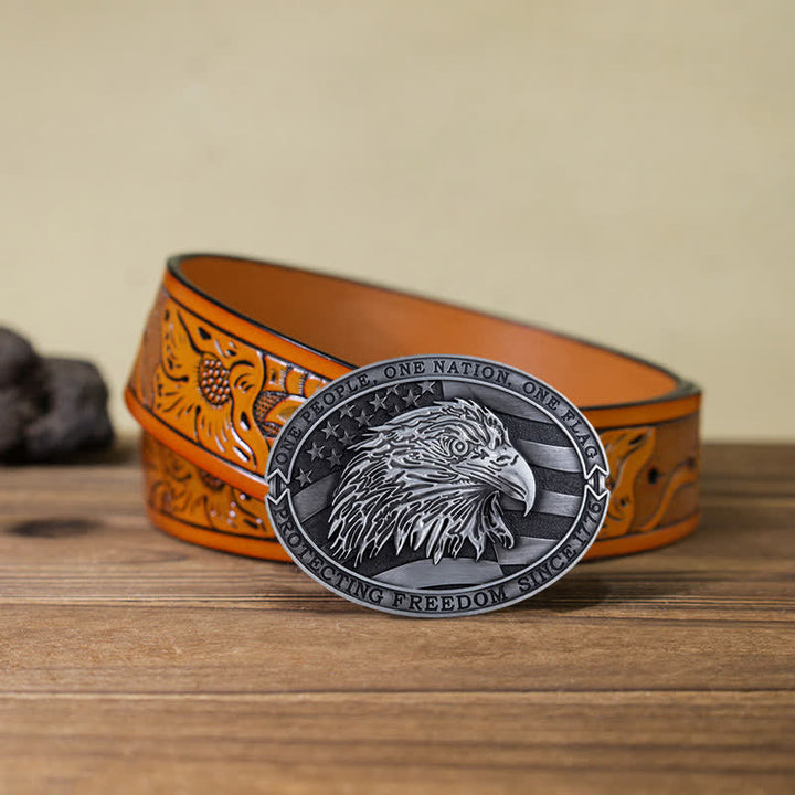 Men's DIY Patriotic Bald Eagle USA Flag Buckle Leather Belt - Antique Silver - Orange Carved Belt (40) - image 24