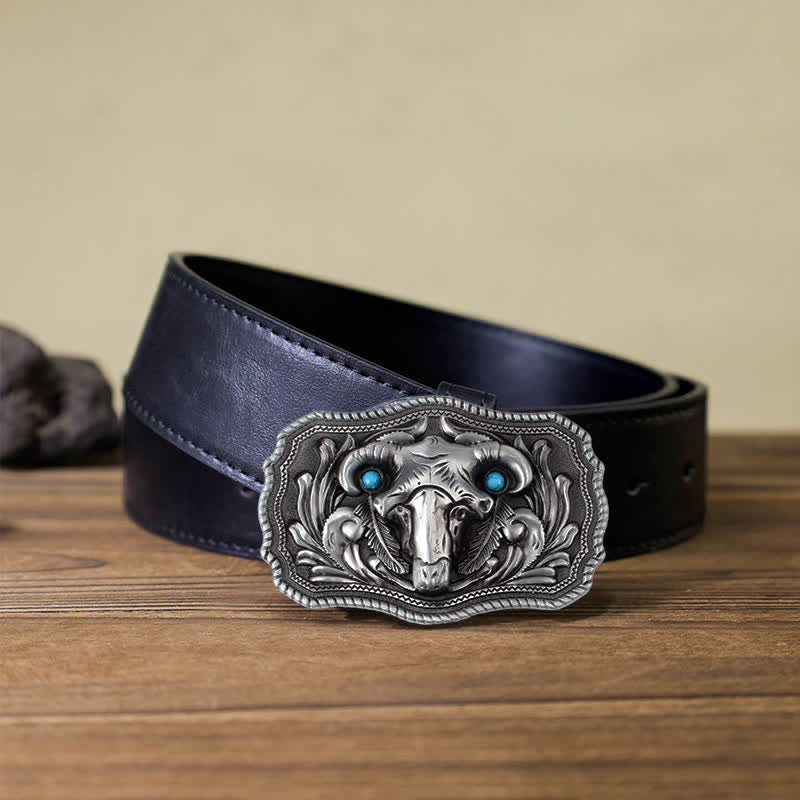 Men's DIY Goat Skull Turquoise Buckle Leather Belt - Silver - Black PU Belt (40) - image 4