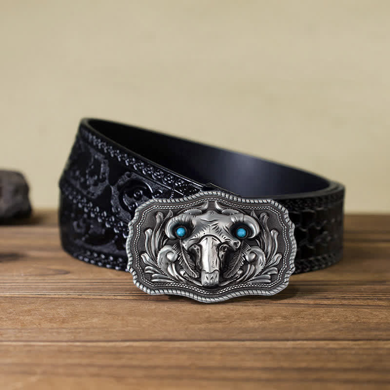 Men's DIY Goat Skull Turquoise Buckle Leather Belt - Silver - Black Carved Belt (40) - image 10