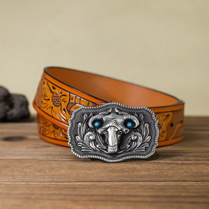 Men's DIY Goat Skull Turquoise Buckle Leather Belt - Silver - Orange Carved Belt (40) - image 16