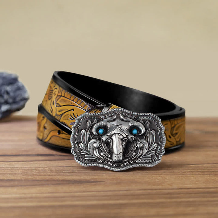 Men's DIY Goat Skull Turquoise Buckle Leather Belt - Silver - SandyBrown Belt (40) - image 14