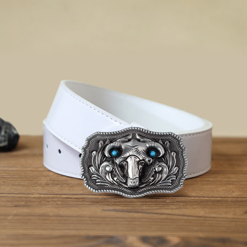 Men's DIY Goat Skull Turquoise Buckle Leather Belt - Silver - White PU Belt (40) - image 6