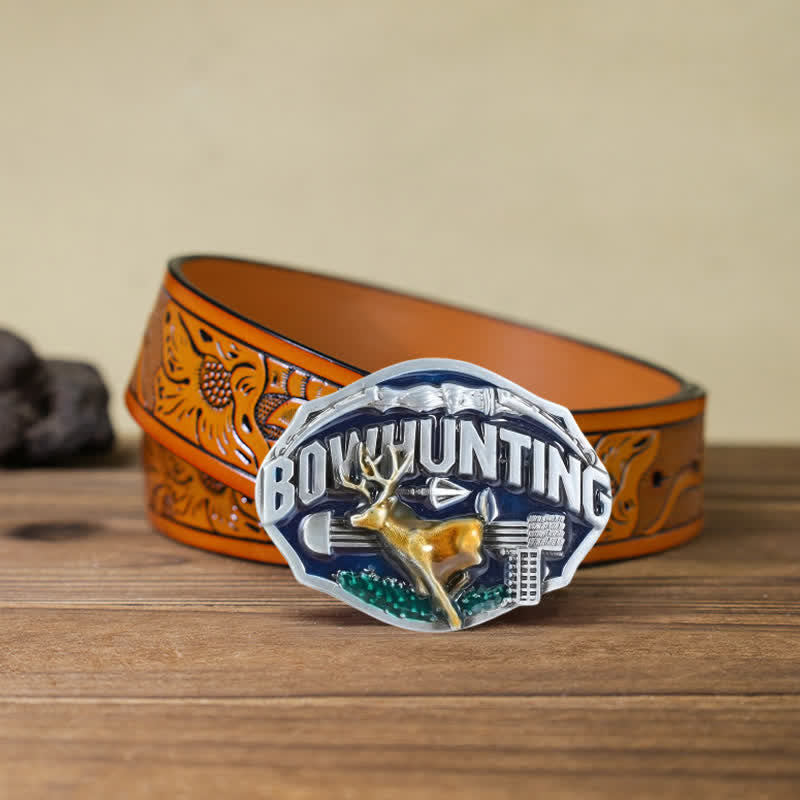 Men's DIY Bowhunting Deer Enamel Buckle Leather Belt - Deer - Orange Carved Belt (40) - image 16